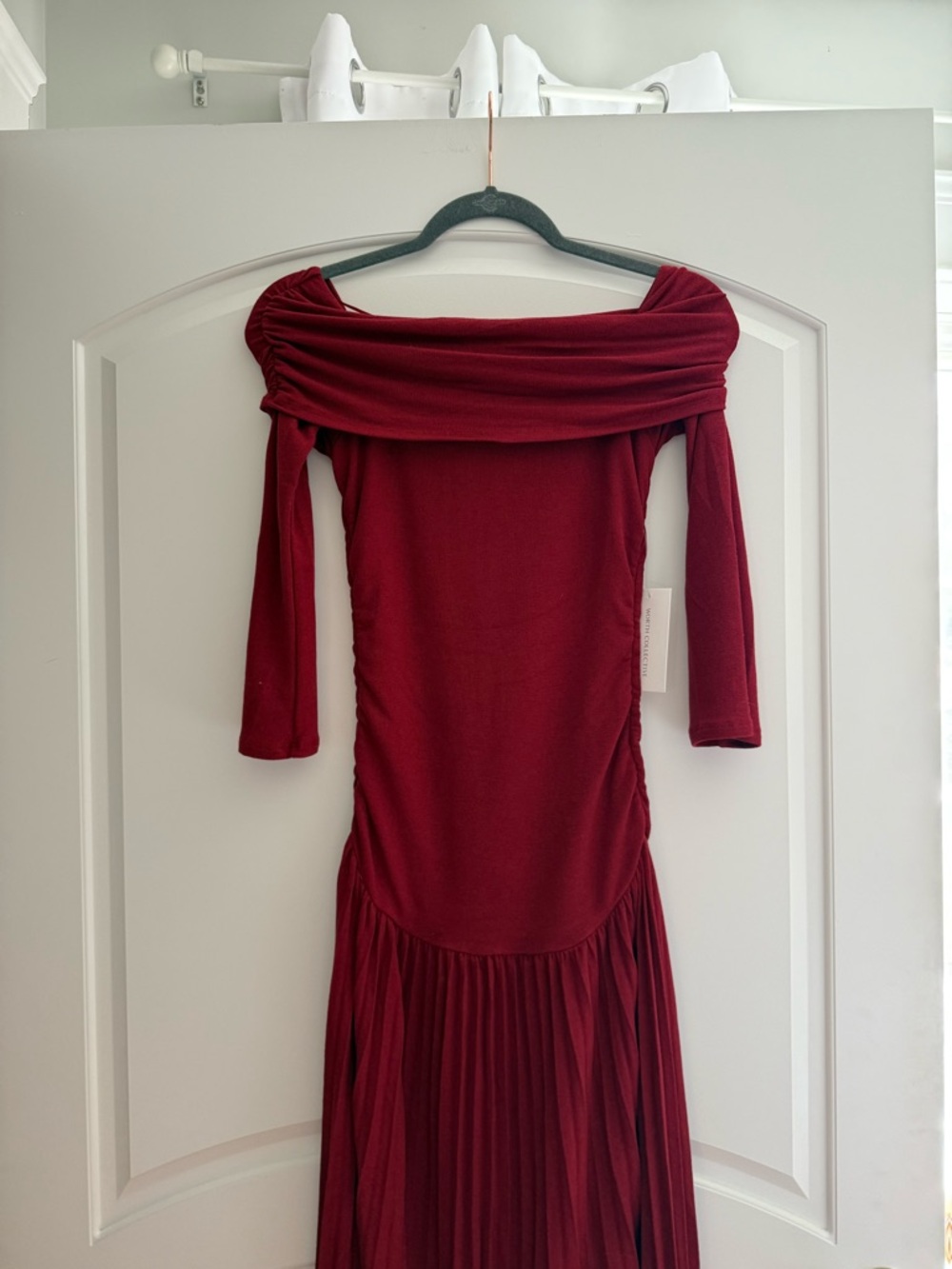Worth Collective Off-Shoulder Burgundy Pleated Maxi Dress